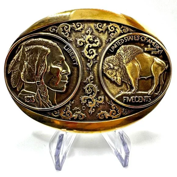 Montana Silversmiths Buffalo Nickel Brass Belt Buckle, Five Cents Beautiful